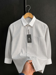 Lyphy Men Striped Casual Grey White Shirt