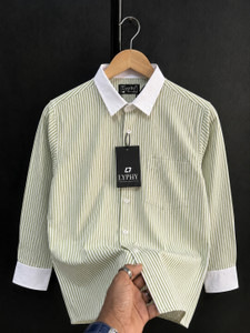 Lyphy Men Striped Casual Light Green White