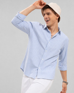 Lyphy Men Striped Casual White Light Blue