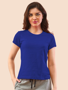 lyra solid women round neck blue t-shirt