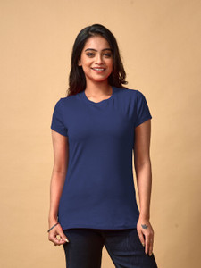 lyra solid women round neck dark blue t-shirt
