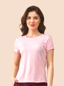 lyra women solid round neck pure cotton pink t-shirt