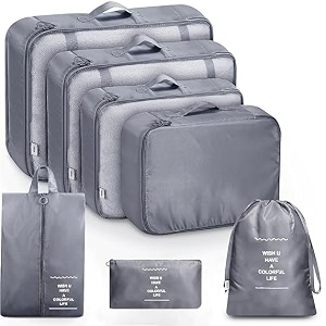 lyrovo updated 7pcs travel packing cubes for clothes laundry toiletry cosmetics luggage makeup pouch accessories organizer bag grey