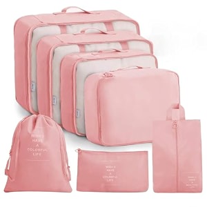 lyrovo nylon 7pcs travel packing cubes for clothes laundry toiletry cosmetics luggage makeup pouch accessories organizer bag beige