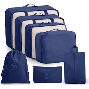 lyrovo nylon updated 7pcs travel packing cubes for clothes laundry toiletry cosmetics luggage makeup pouch accessories organizer bag navy blue