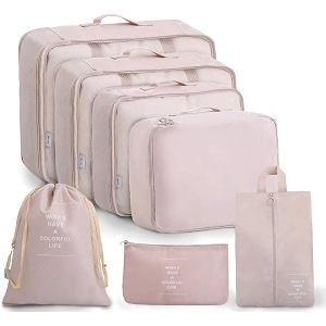 lyrovo nylon 7pcs travel packing cubes for clothes laundry toiletry cosmetics luggage makeup pouch accessories organizer bag beige