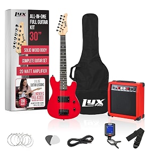 lyxpro 30 inch electric guitar and starter kit for kids with 34 size beginners guitar amp six strings two picks shoulder strap digital clip on tuner guitar cable and soft case gig bag - red