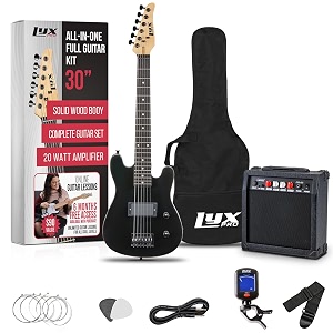 lyxpro 30 inch electric guitar and starter kit for kids with 34 size beginners guitar amp six strings two picks shoulder strap digital clip on tuner guitar cable and soft case gig bag - black