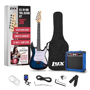 lyxpro 36 inch electric guitar and kit for kids with 34 size beginners guitar amp six strings two picks shoulder strap digital clip on tuner cable and soft case gig bag - blue