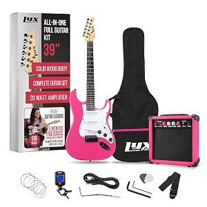 lyxpro 3934 inch full size electric guitar with 20w amp package includes all accessories digital tuner strings picks tremolo bar shoulder strap and case bag complete beginner starter kit - pink
