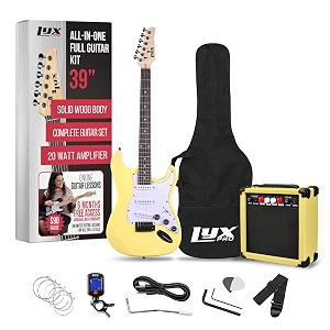 lyxpro 39 inch electric guitar kit bundle with 20w amplifier all accessories digital clip on tuner six strings two picks tremolo bar shoulder strap case bag starter kit full size - retro yellow