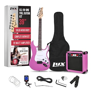 lyxpro 39 inch electric guitar kit bundle with 20w amplifier all accessories digital clip on tuner six strings two picks tremolo bar shoulder strap case bag starter kit full size - retro purple
