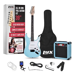 lyxpro 39 inch electric guitar kit bundle with 20w amplifier all accessories digital clip on tuner six strings two picks tremolo bar shoulder strap case bag starter kit full size - retro blue