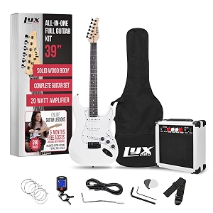 lyxpro 39 inch electric guitar kit bundle with 20w amplifier all accessories digital clip on tuner six strings two picks tremolo bar shoulder strap case bag starter kit full size - white