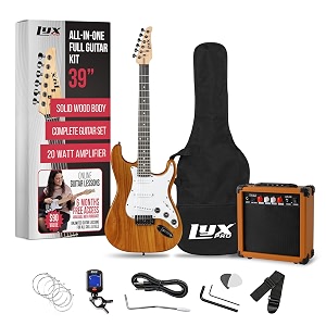 lyxpro 39 inch electric guitar kit bundle with 20w amplifier all accessories digital clip on tuner six strings two picks tremolo bar shoulder strap case bag starter kit full size - mahogany