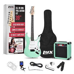lyxpro 39 inch electric guitar kit bundle with 20w amplifier all accessories digital clip on tuner six strings two picks tremolo bar shoulder strap case bag starter kit full size - green