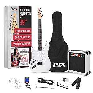 lyxpro left hand 39 inch electric guitar and starter kit for lefty full size beginners guitar amp six strings two picks shoulder strap digital clip on tuner guitar cable and soft case - white