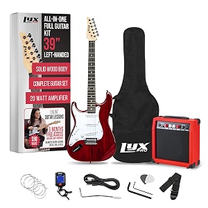 lyxpro left hand 39 inch electric guitar and starter kit for lefty full size beginners guitar amp six strings two picks shoulder strap digital clip on tuner guitar cable and soft case - red