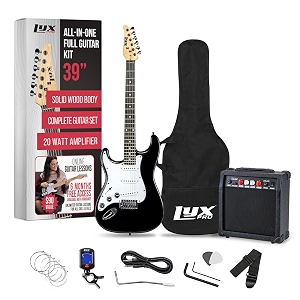 lyxpro left hand 39 inch electric guitar and starter kit for lefty full size beginners guitar amp six strings two picks shoulder strap digital clip on tuner cable and soft case - black