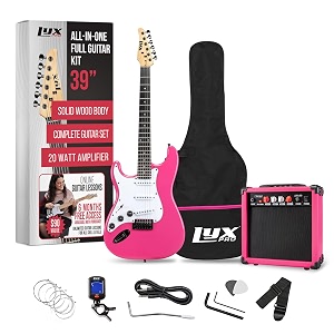 lyxpro left hand 39 inch electric guitar and starter kit for lefty full size beginners guitar amp six strings two picks shoulder strap digital clip on tuner cable and soft case - pink