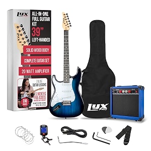 lyxpro left hand 39 inch electric guitar and starter kit for lefty full size beginners guitar amp six strings two picks shoulder strap digital clip on tuner guitar cable and soft case - blue