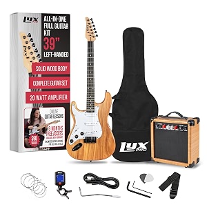 lyxpro left hand 39 inch electric guitar and starter kit for lefty full size beginners guitar amp six strings two picks shoulder strap digital clip on tuner guitar cable and soft case - natu