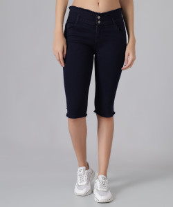 m moddy 2 button fray hem stretchable skinny dark blue women denim capri