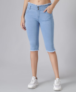 m moddy 2 button fray hem stretchable skinny light blue women denim capri
