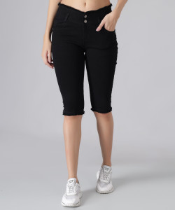 m moddy 2 button fray hem stretchable skinny black women denim capri
