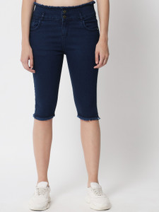m moddy 2 button fray hem stretchable skinny blue women denim capri