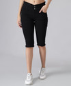 M MODDY 2 Button Fray Hem Stretchable Skinny Black Women Denim Capri