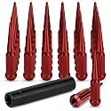 24Pcs M14x1.5 Spike Lug Nuts, 4.4" Tall Acorn Style with Socket Key – Compatible with Chevy Silverado, Ford F-Series, GMC, Red