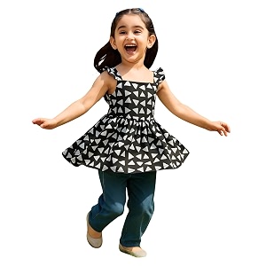 Maaesa Girls Black Geometric Printed Cotton A-Line