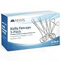 MABIS Precision Kelly Forceps [5‑Pack] Locking Hemostats, 3 Curved & 2 Straight, 5 1/2 Inch Tweezers Clamp Set, Stainless Steel, Fine Tip for First Aid, Sewing, Piercing Removal Tool, Fishing & DIY