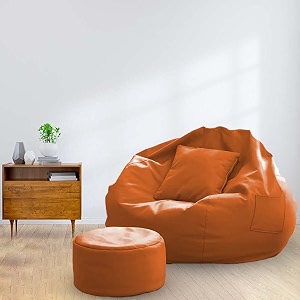 macca brand - xxl faux leather bean bag chair with stool amp cushion ready to use filled with beans orange