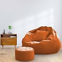 MACCA Brand - XXL Faux Leather Bean Bag Chair with Stool &amp; Cushion Ready to Use Filled with Beans (Orange)
