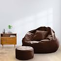 MACCA Brand - 2XL Faux Leather Bean Bag with Stool &amp; Cushion Ready to Use Filled with Beans (Brown)