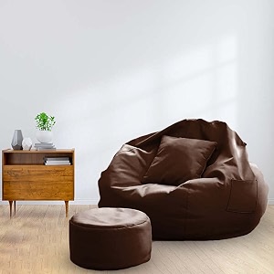 macca brand - xxxl faux leather bean bag chair with stool amp cushion ready to use filled with beans brown