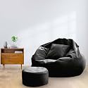 MACCA Brand - 3XL Faux Leather Bean Bag with Stool &amp; Cushion Ready to Use Filled with Beans (Black)