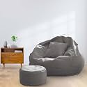 MACCA Brand - XXXL Faux Leather Bean Bag Chair with Stool &amp; Cushion Ready to Use Filled with Beans (Grey)