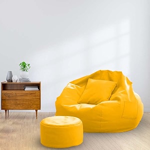 macca brand - xxxxl faux leather bean bag chair with stool amp cushion ready to use filled with beans yellow jumbo size