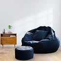 MACCA Brand - XL Faux Leather Bean Bag with Stool &amp; Cushion Ready to Use Filled with Beans (Blue)