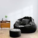 MACCA Brand - XL Faux Leather Bean Bag Chair with Stool &amp; Cushion Ready to Use Filled with Beans (Black)