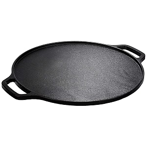macclite ironium cast iron pre-seasoned perfect for cooking on gas flat base dosa tawa  griddle with side handles 30 cm diameter 12 inches black