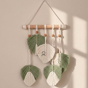macrame kn0ts 1634 cotton leaf wall hanging  handmade boho feather tapestry with wooden pole amp beads green 5 leaves