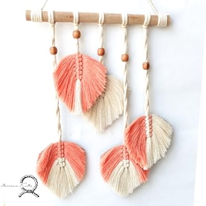macrame kn0ts 16-inch boho macrame wall hanging  handmade feather amp leaf tapestry  aesthetic home dcor for bedroom nursery amp living room  premium peach amp ivory cotton yarn art