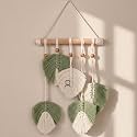Macrame Kn0ts 16" Cotton Leaf Wall Hanging – Handmade Boho Feather Tapestry with Wooden Pole & Beads (Green, 5 Leaves)