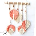 Macrame Kn0ts 16-Inch Boho Macrame Wall Hanging – Handmade Feather &amp; Leaf Tapestry | Aesthetic Home Décor for Bedroom, Nursery &amp; Living Room | Premium Peach &amp; Ivory Cotton Yarn Art