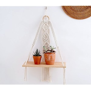 handmade macrame hanging shelf  boho wall shelf for bedroom living room bathroom  wooden rope shelf for plants books decor  cotton rope floating shelf blossom knot