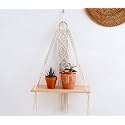 Handmade Macrame Hanging Shelf – Boho Wall Shelf for Bedroom, Living Room, Bathroom – Wooden Rope Shelf for Plants, Books, Decor – Cotton Rope Floating Shelf (Blossom Knot)